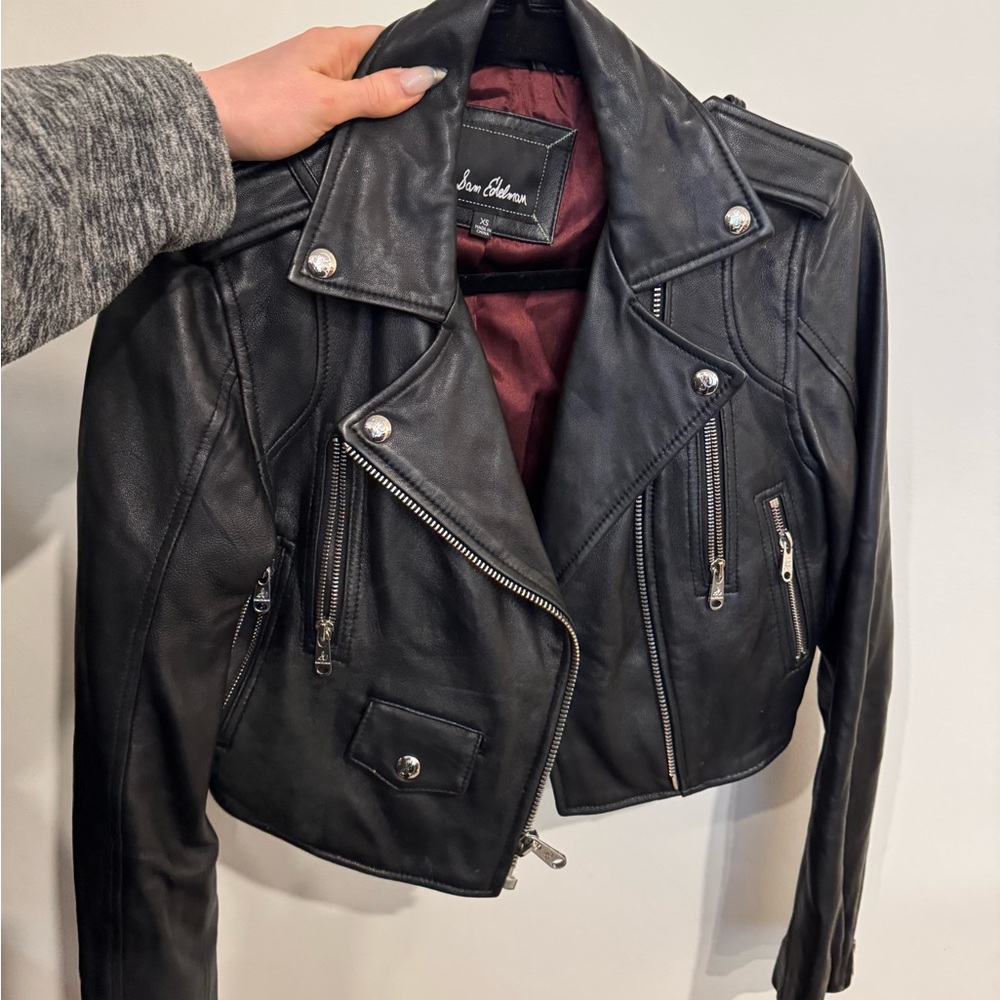 Sam Edelman crop Black lamb Leather Moto Jacket with Silver Hardware